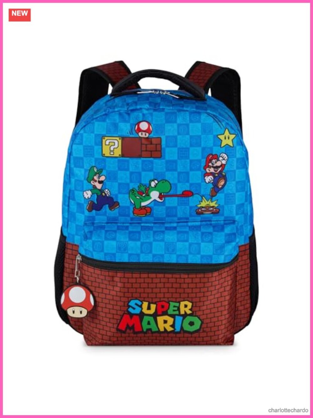 Super Mario Backpack 16" with Toad Dangle, Gaming Bookbag